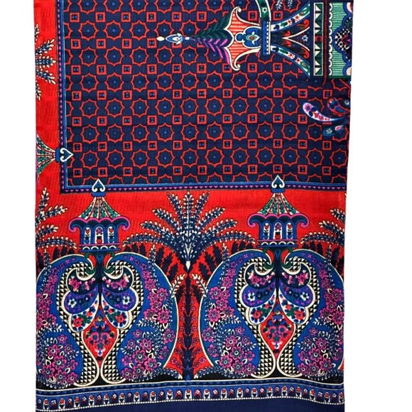 Vintage Square Blue & Red Scarf Shawl Head Cover 46 x 46" Fringed Oriental Vibes - Picture 4 of 5